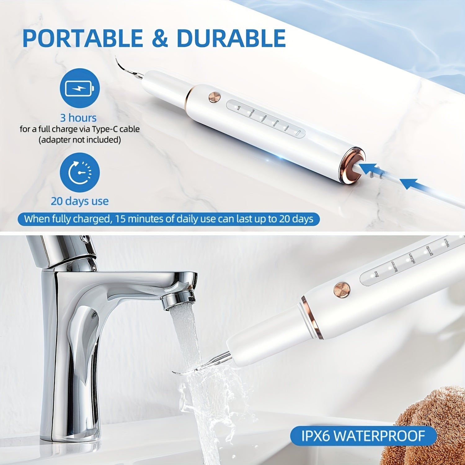 Kit de limpieza dental con luz LED, 5 modos, cabezales reemplazables, recargable