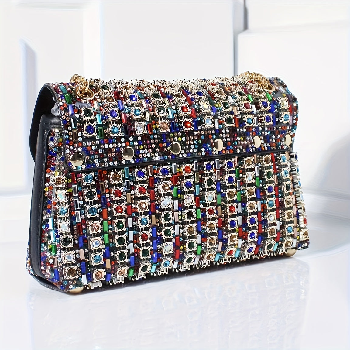 Women's Evening Clutch Bag with Rhinestones Beads Adjustable Strap Magnetic Closure