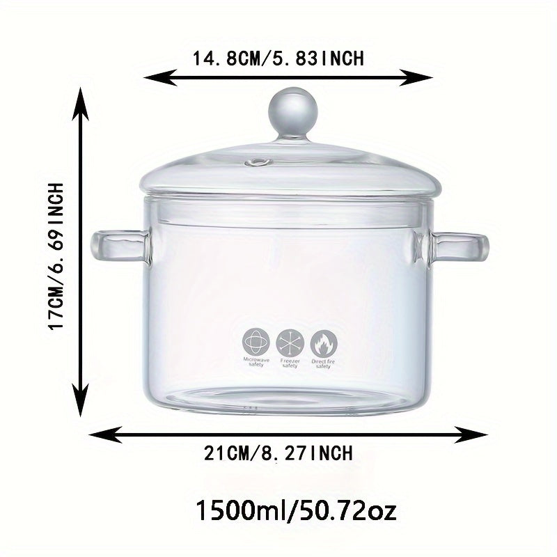Glass Cooking Pot 1.5L/2L Borosilicate with Lid for Gas and Induction Stoves