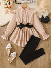Girls' 12 and Under Apricot Peplum Blouse and Solid Pants Set for Spring Fall Outdoor Wear