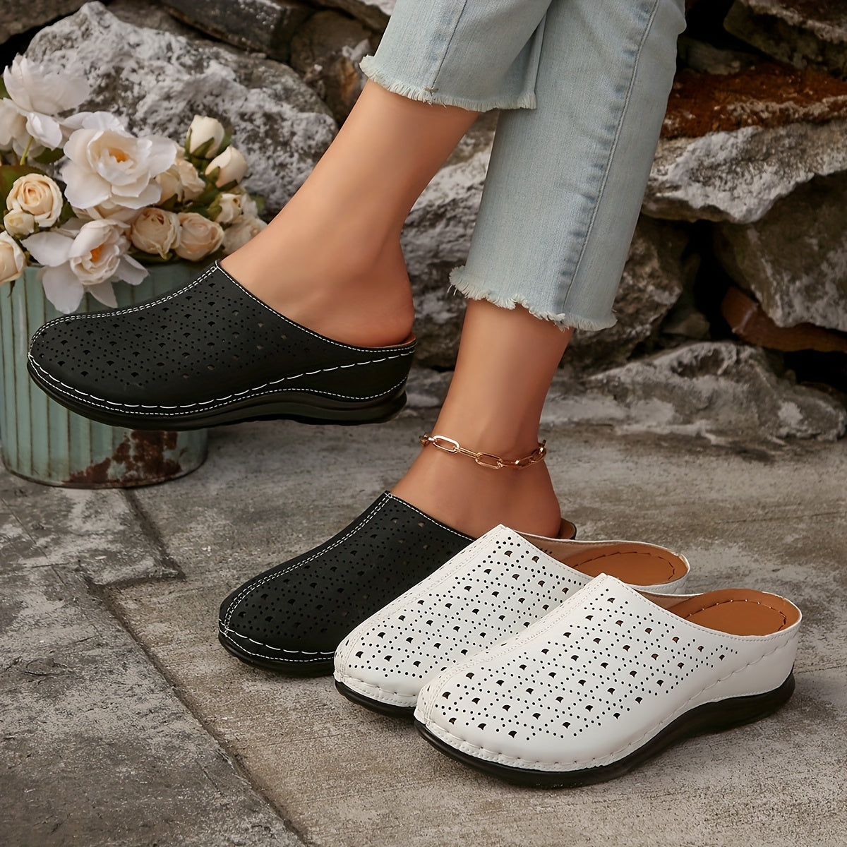 Women's Slip-On Platform Mules with Cut-Out Design Breathable PU Black White