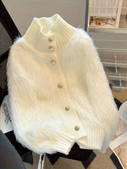 Cárdigan de felpa de talla grande con botones en el frente y manga larga para mujer