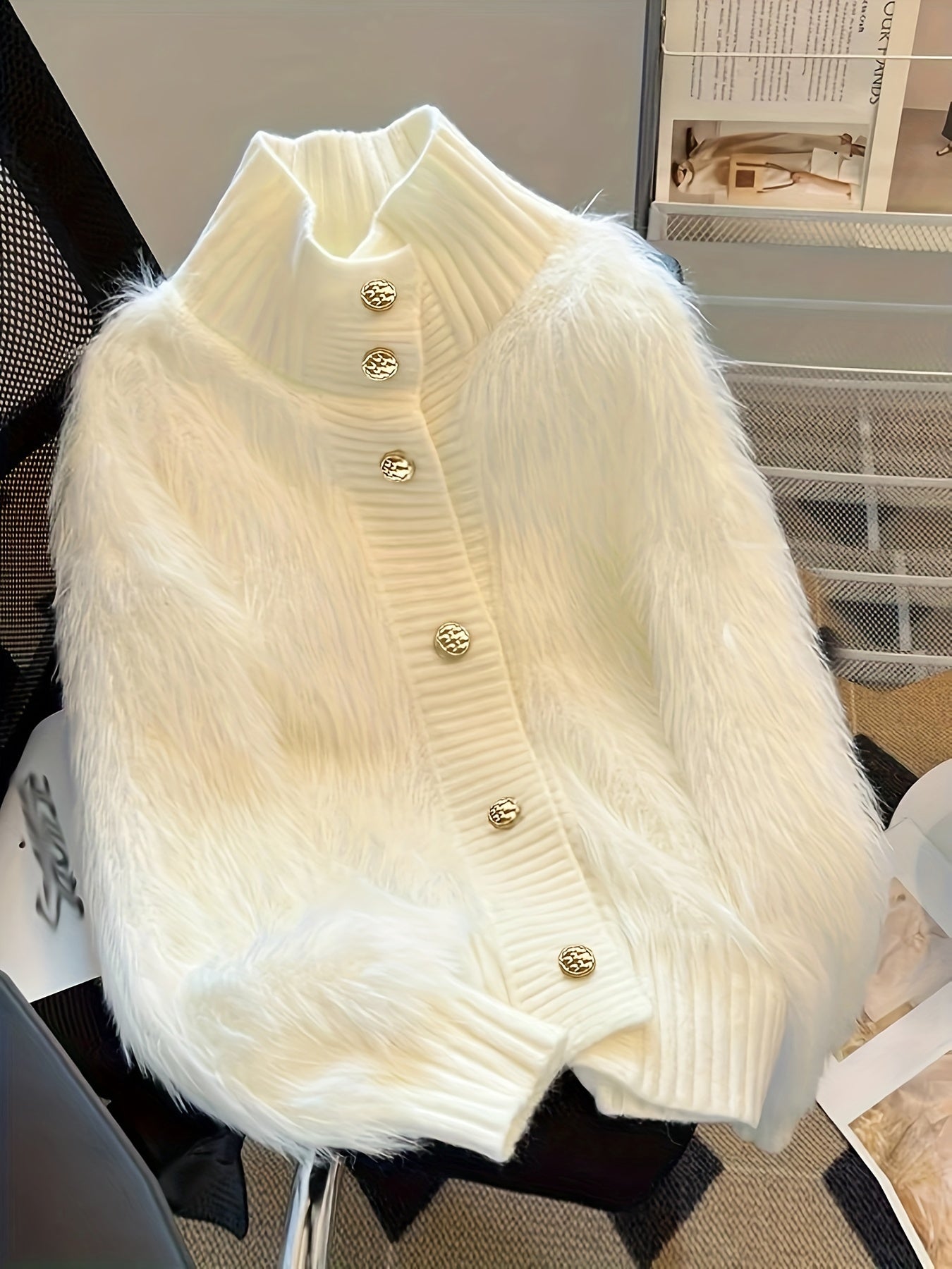 Cárdigan de felpa de talla grande con botones en el frente y manga larga para mujer