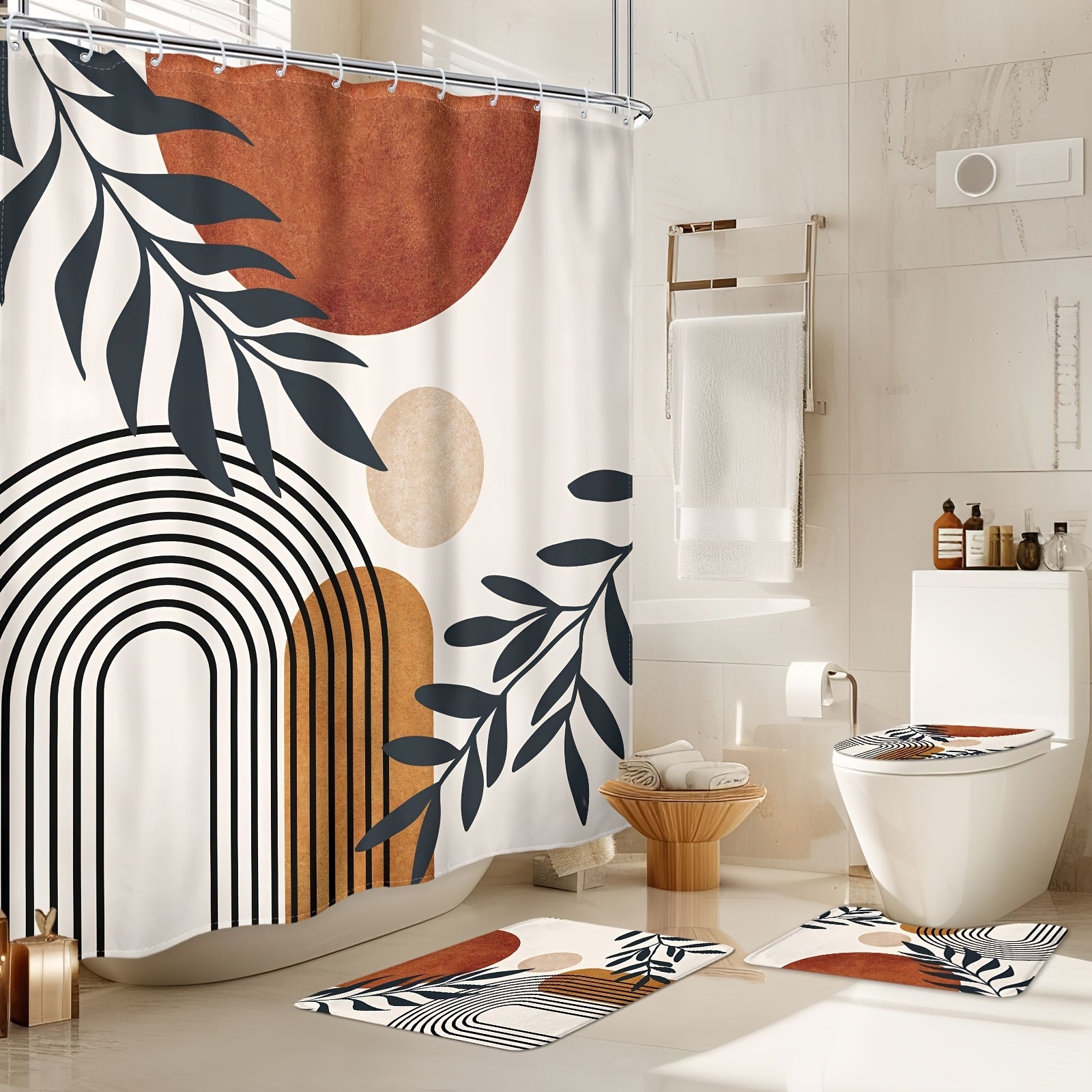 Bohemian Abstract Shower Curtain Set Waterproof with Hooks Non-Slip Bath Mat U-Shaped Toilet Mat and Bathroom Accessories