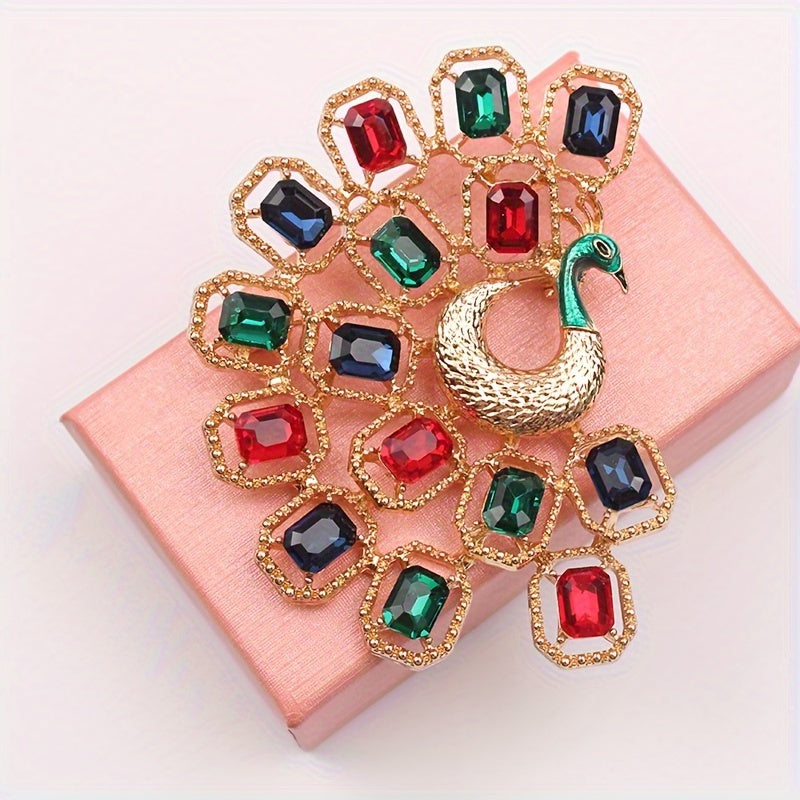 Vintage Peacock Enamel Brooch Pin with Rhinestones Retro French Style Jewelry