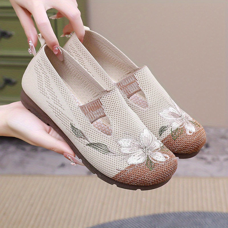 Women's Floral Slip-On Flats Breathable Knit Upper Casual Shoes Beige Gray Brown White