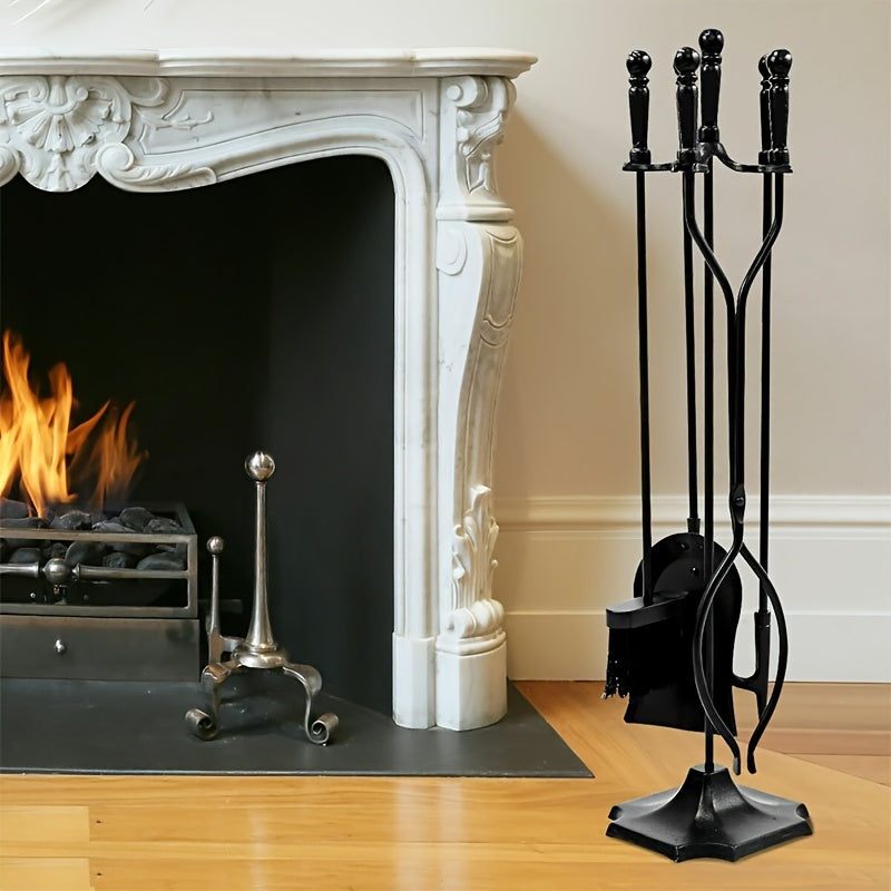 Black Metal Fireplace Tool Set with Stand, 5-Piece Wrought Iron Fire Pit Tongs