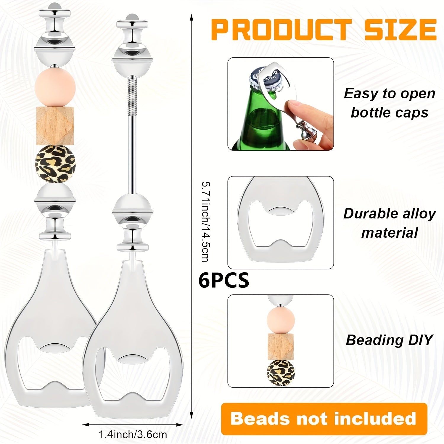 Set of 6 Silver Beaded Metal Bottle Openers for DIY Crafts and Party Favors