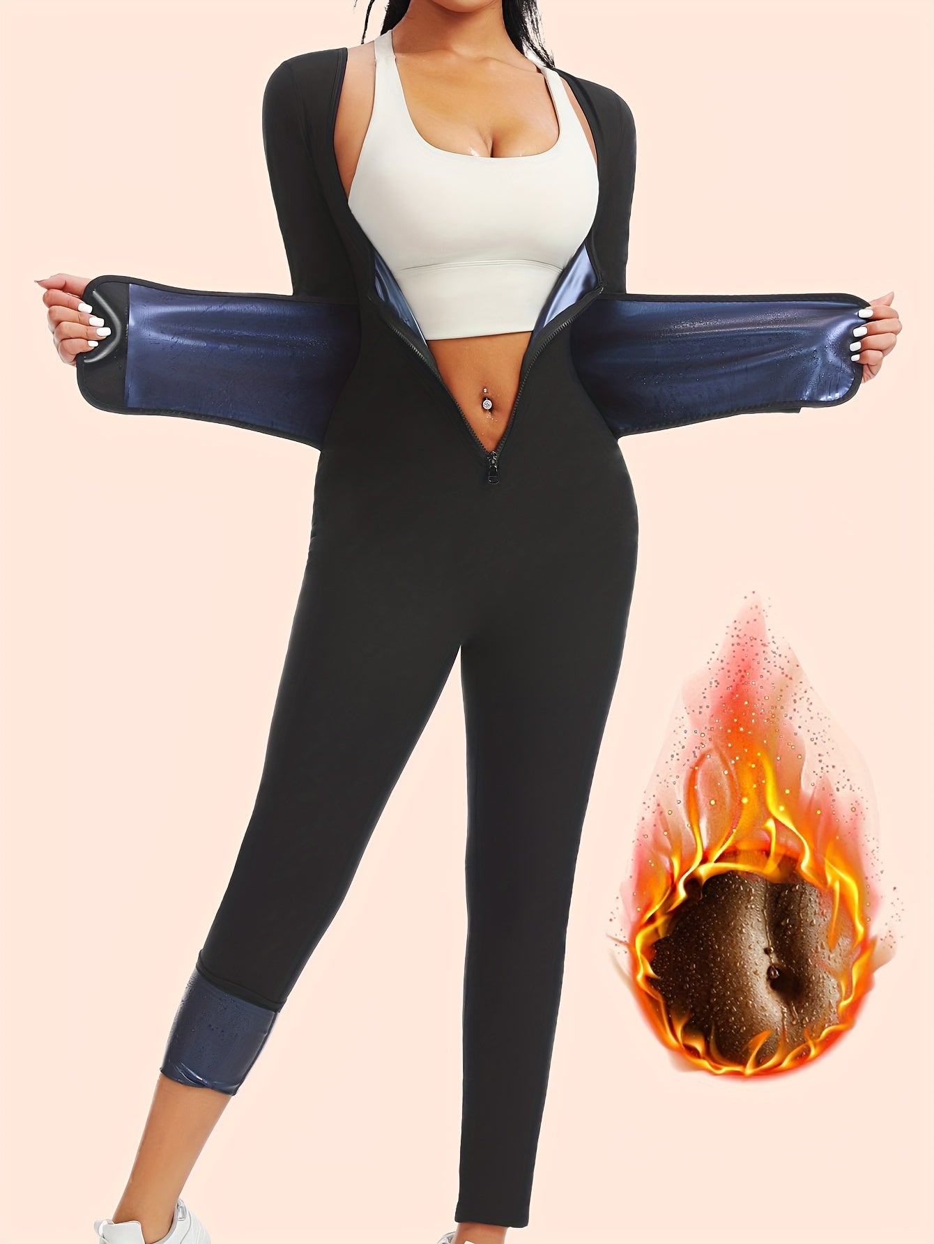 "Женский комбинезон с длинным рукавом для сауны черного цвета, корсет для контроля живота с молнией, стройнящий корректор фигуры для фитнеса и бега, смесь полиэстера и эластана"