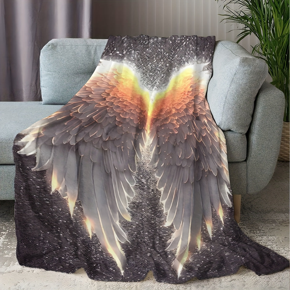 Glowing Wings Print Flannel Blanket Soft Cozy Polyester Throw for Sofa Bed Travel