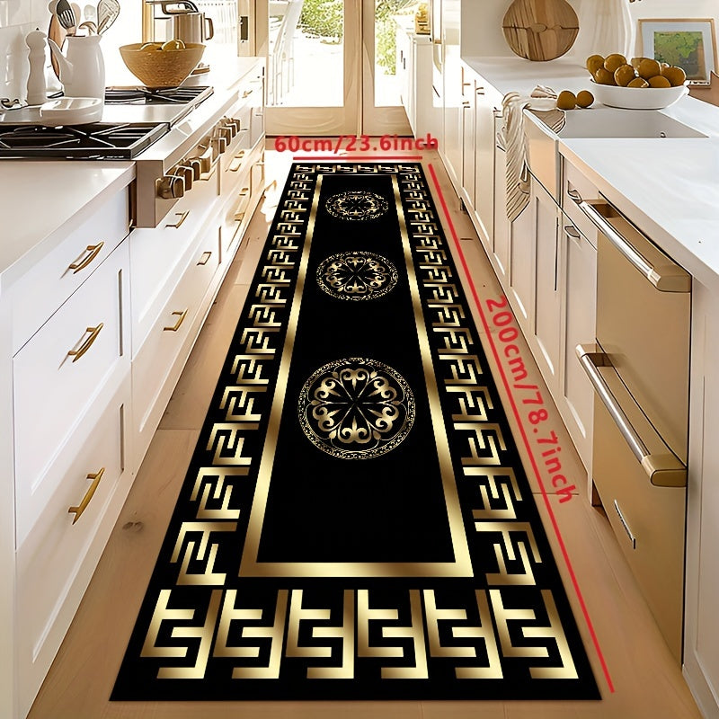 Elegant F-Pattern Runner Rug Golden Black Non-Slip Machine Washable Polyester Entryway Living Room Outdoor