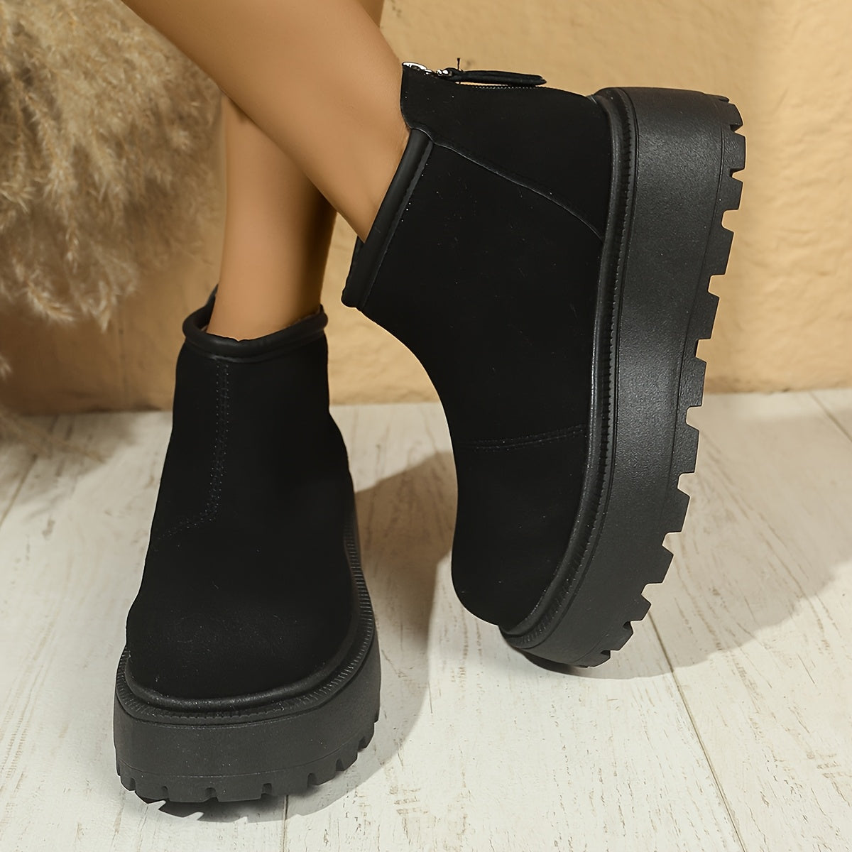 Women's Fleece-Lined Winter Boots Casual Round Toe Side Zipper Beige Black Brown