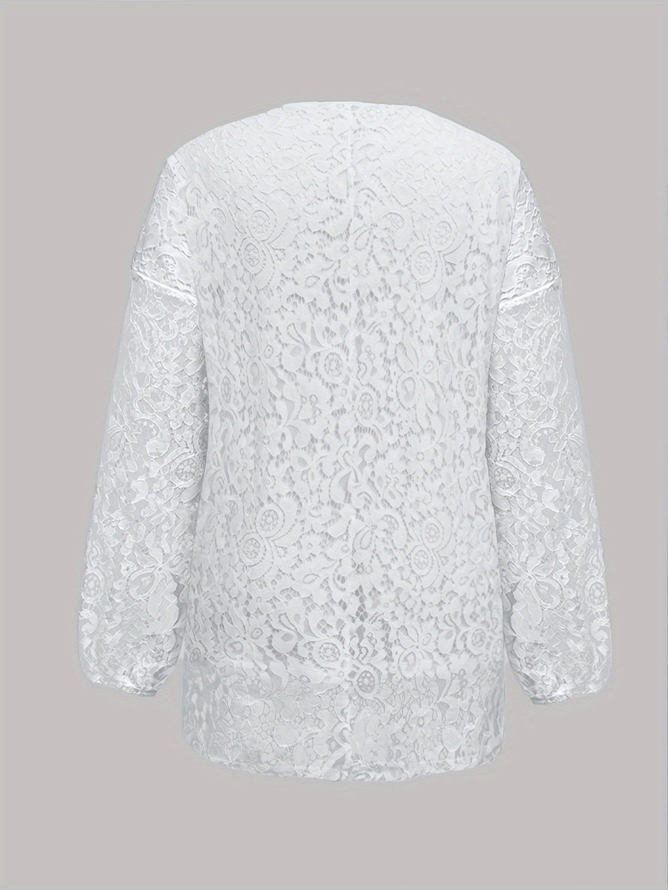 Plus Size White V-Neck Long Sleeve Knit Top with Floral Cut-Out Design for Summer
