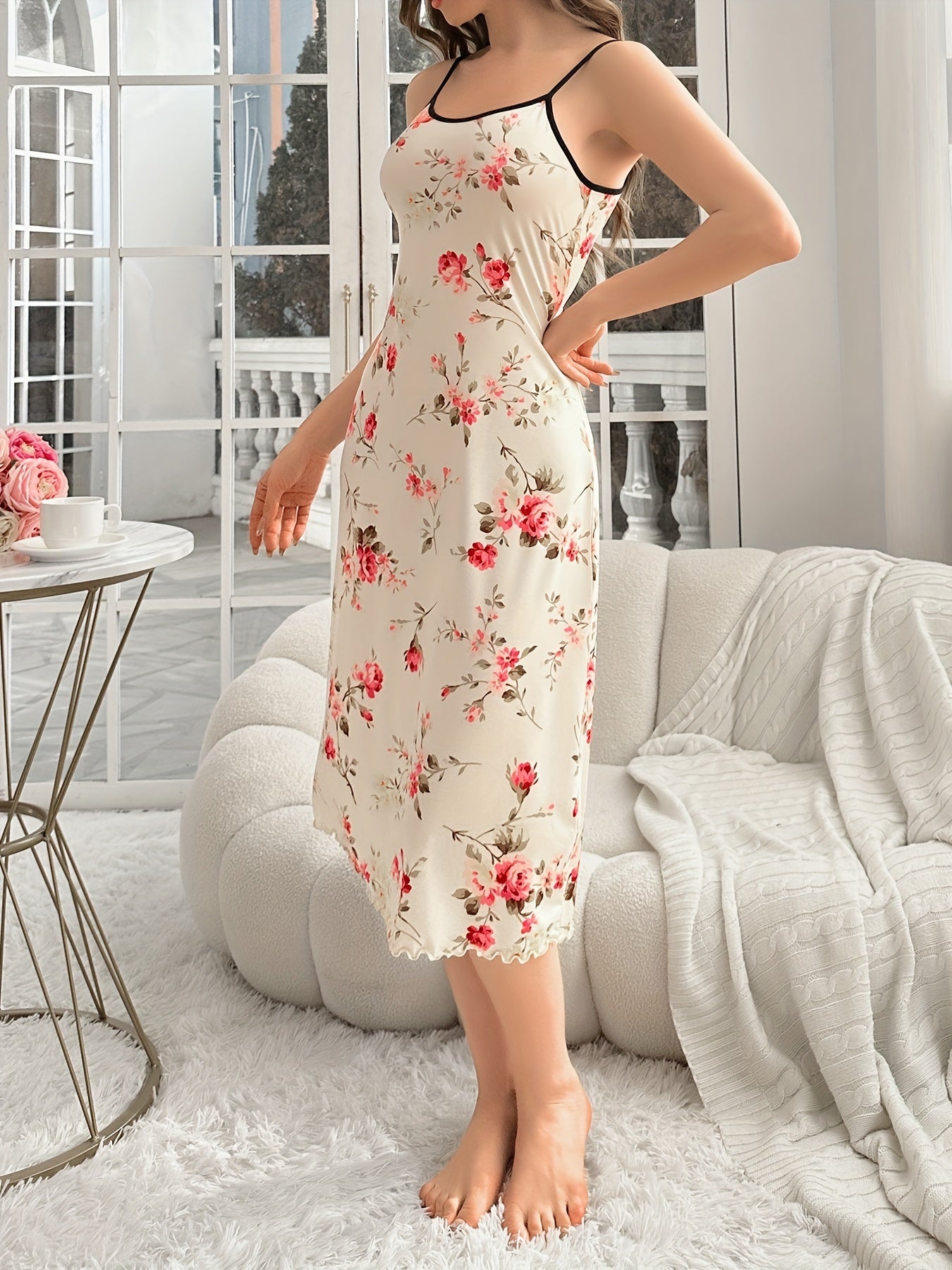 Women's Floral Slip Nightdress with Lettuce Trim Backless Spaghetti Strap All-Season