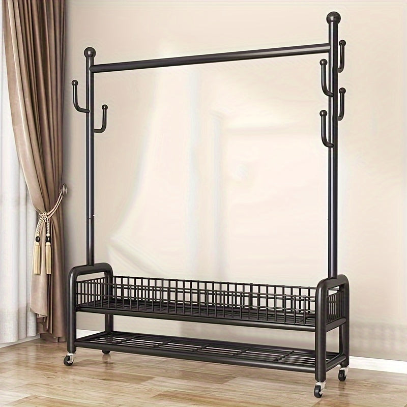 Multifunctional Rolling Coat Rack with 6 Hooks and Shelf Black Metal