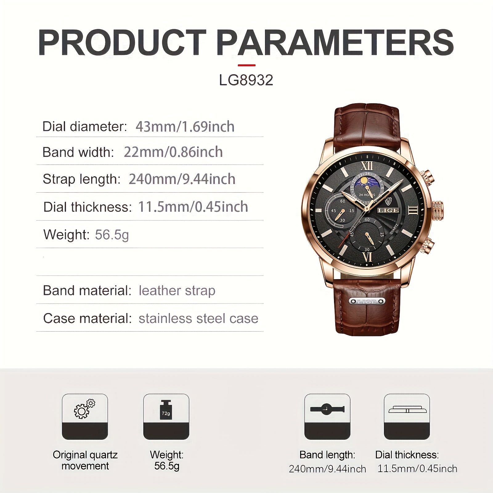 Men's Leather Casual Quartz Sport Watch Black 42mm