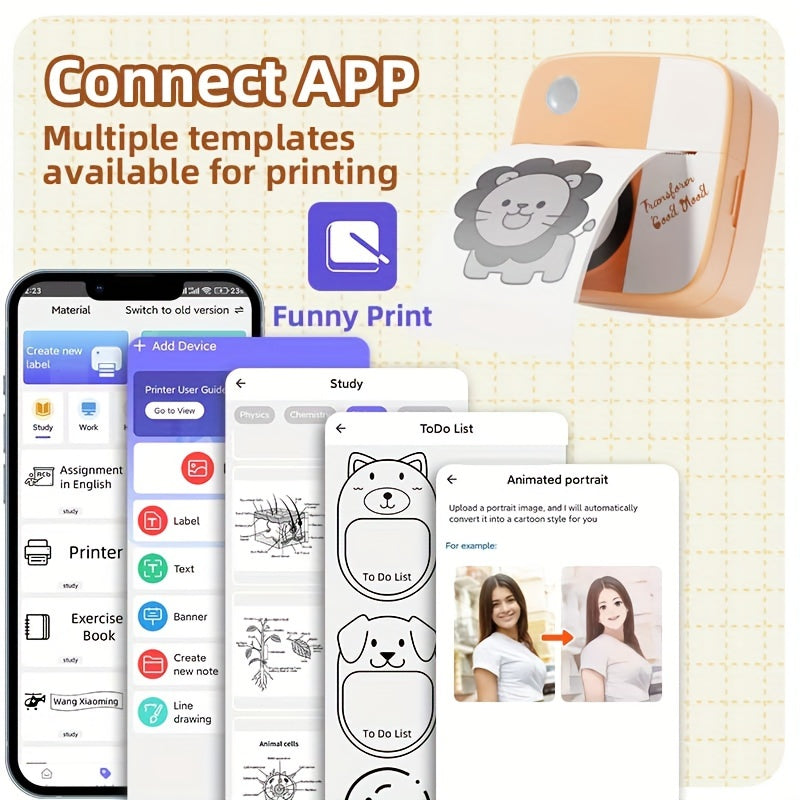 DOLEWA Портативный Мини Принтер - Безчернильная Термопечать, Беспроводное Подключение для iOS и Android, Перезаряжаемая Батарея, Включает Рулоны Бумаги, USB Зарядка, Компактный Дизайн в Розовом/Белом.