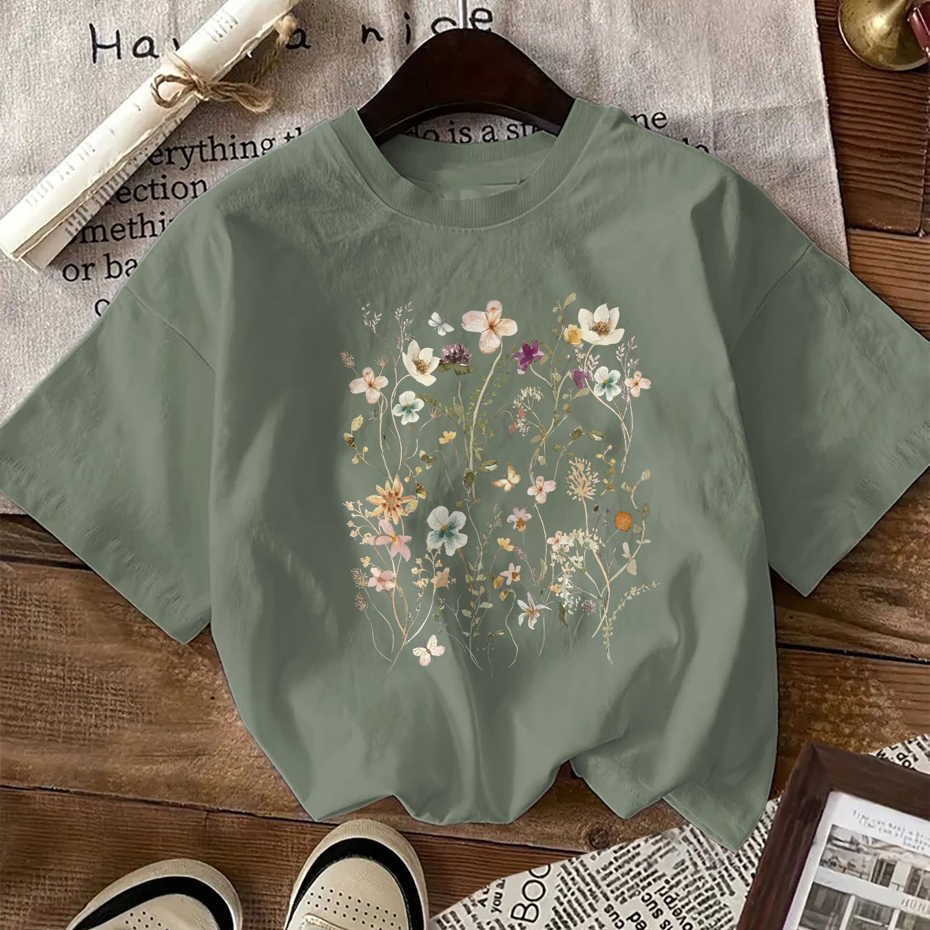 Women's Floral Print Cotton T-Shirt Crew Neck Short Sleeve Casual All Seasons