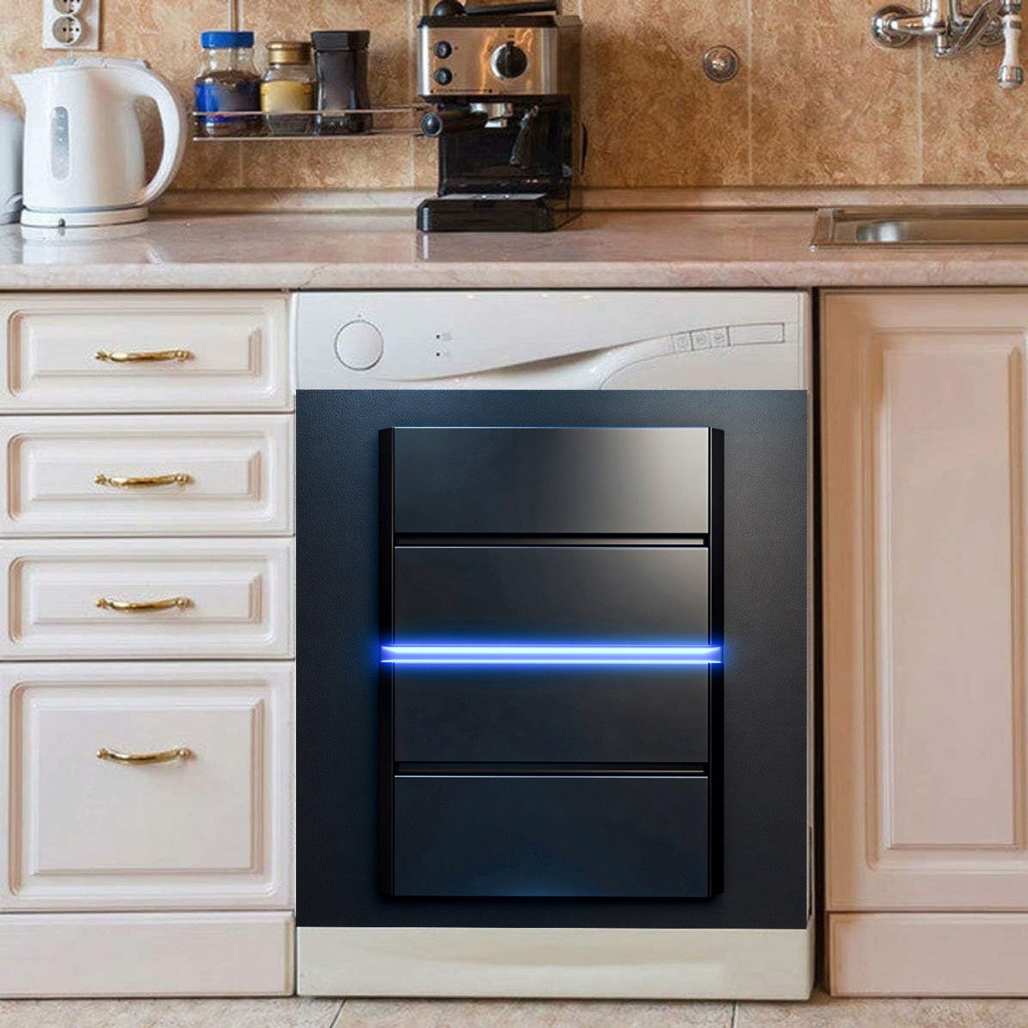 Cubierta magnética para lavavajillas con luz azul, a prueba de agua, resistente al calor, fácil de limpiar, etiqueta de metal 58.5x65 cm