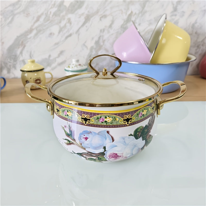 Enamel Stew Pot with Stainless Steel Handle and Transparent Cover for Gas and Electric Stoves