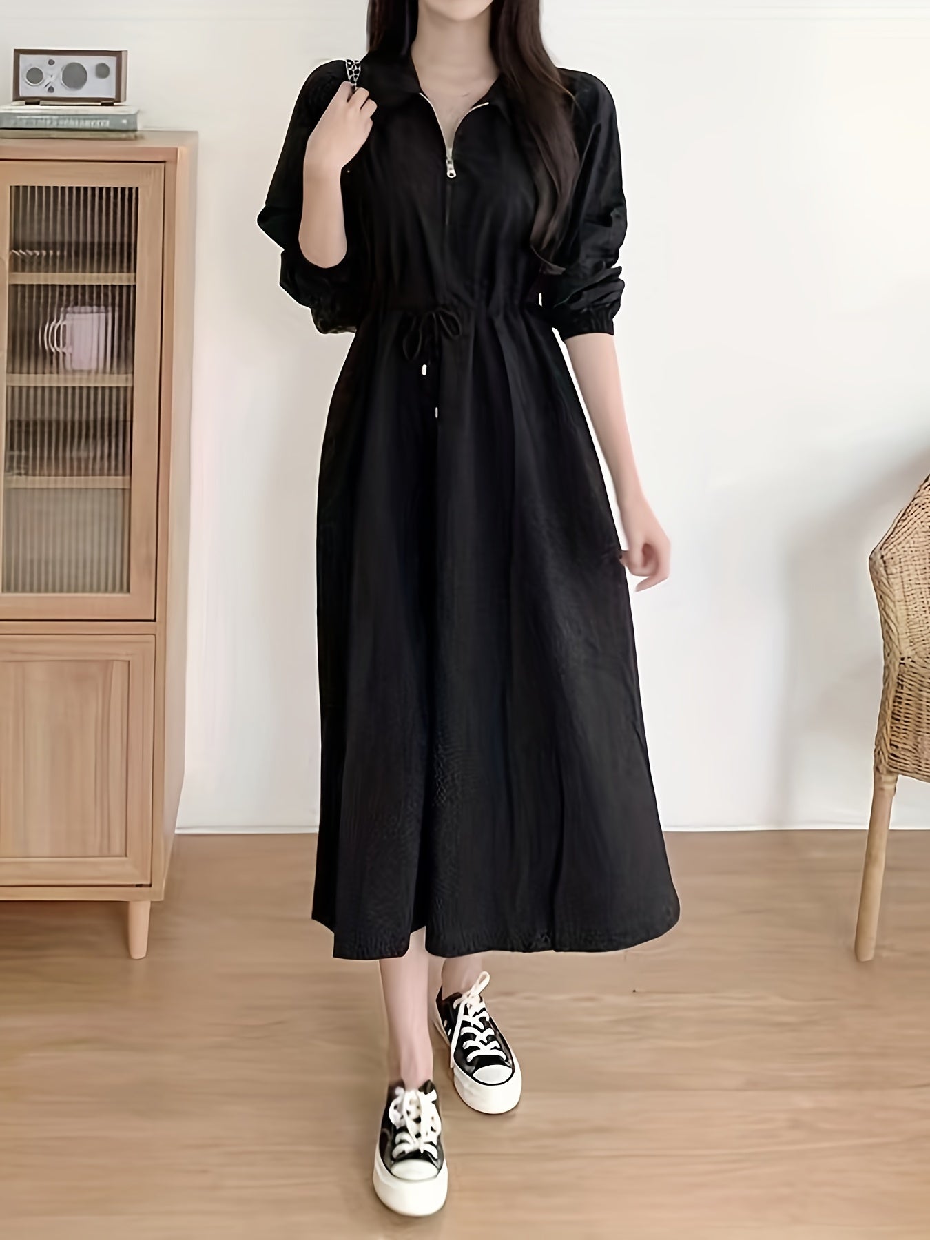 Beige Long Sleeve Midi Dress with Tie Waist Pockets for Women