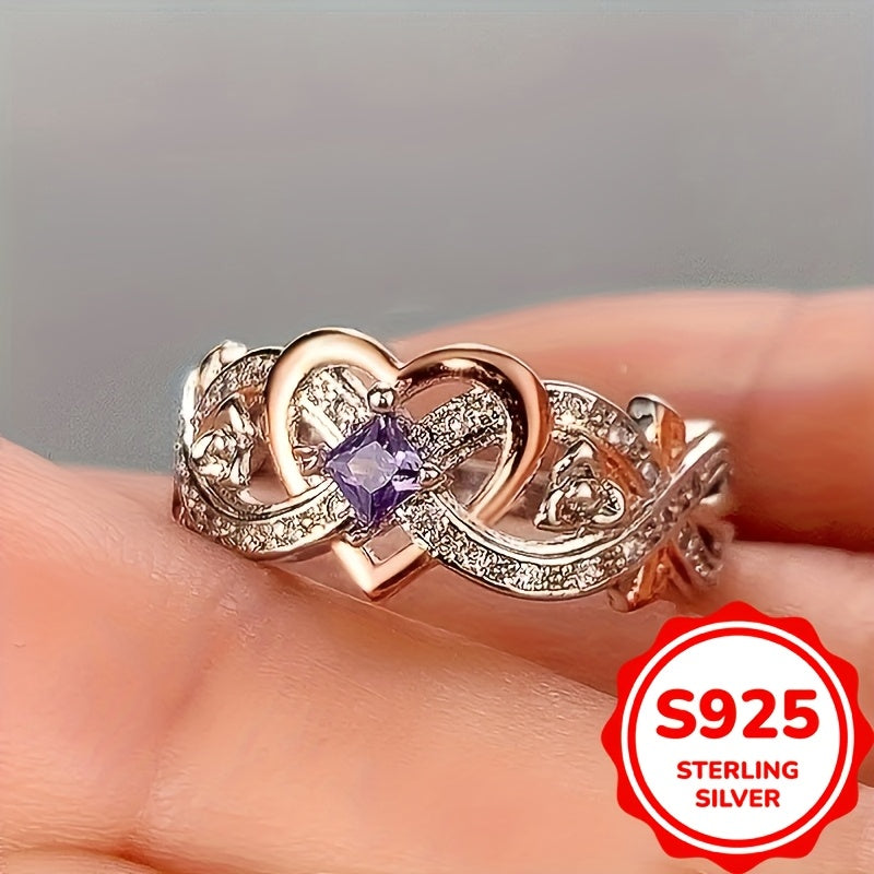 Sterling Silver Infinity Heart Ring with Purple Synthetic Zirconia Engagement Jewelry