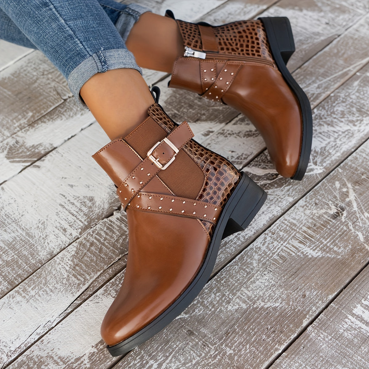 Women's Faux Leather Chelsea Ankle Boots Brown Round Toe Zipper Mid-Heel