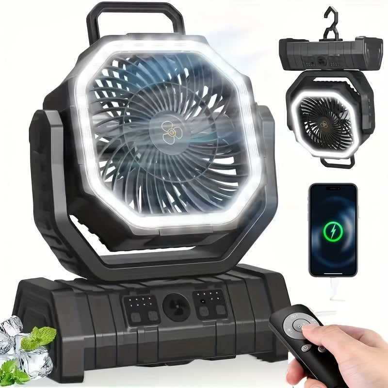 Portable Outdoor Fan Light Combo with USB Desk Fan Camping Lantern and Mobile Charger