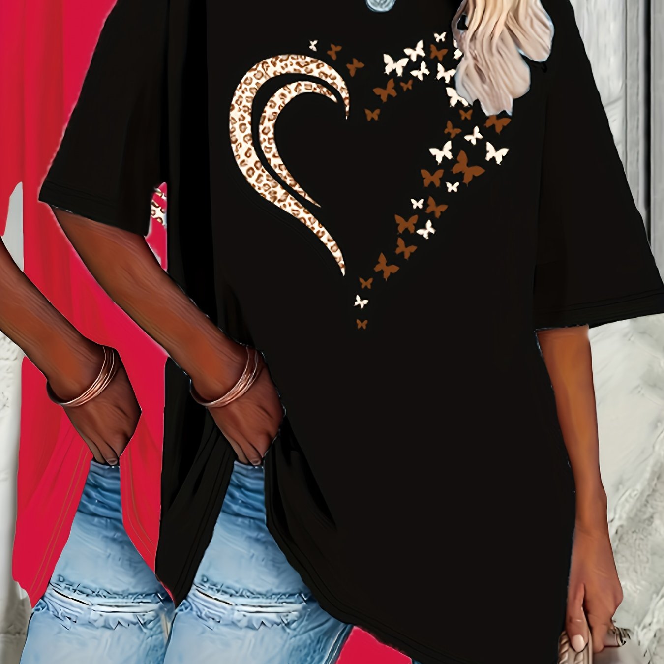 Women's Oversized Short Sleeve T-Shirts Set Heart Print Spring Summer Loose Fit