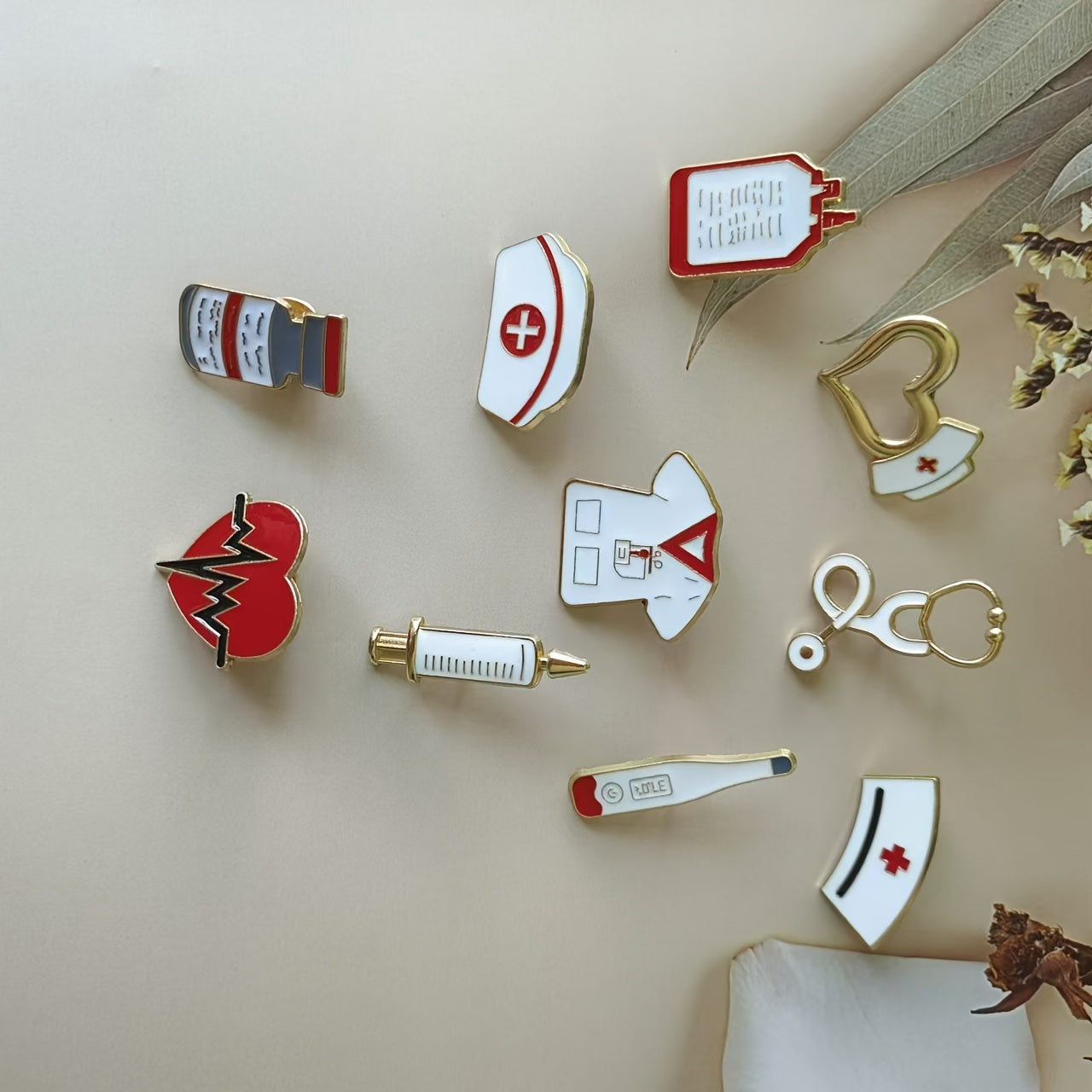 Set of 10 Nurse Themed Heart Brooches with Stethoscope Syringe and Thermometer Charms