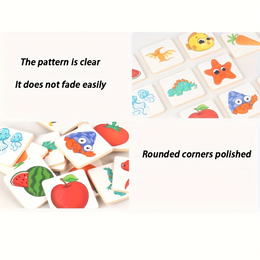 Bolalar uchun yog'och bosh qotiruvchi jumboq, hayvonlar va mevalar soyasini moslashtirish o'yini orqali shaklni tanish va kognitiv rivojlanishga yordam beradi.