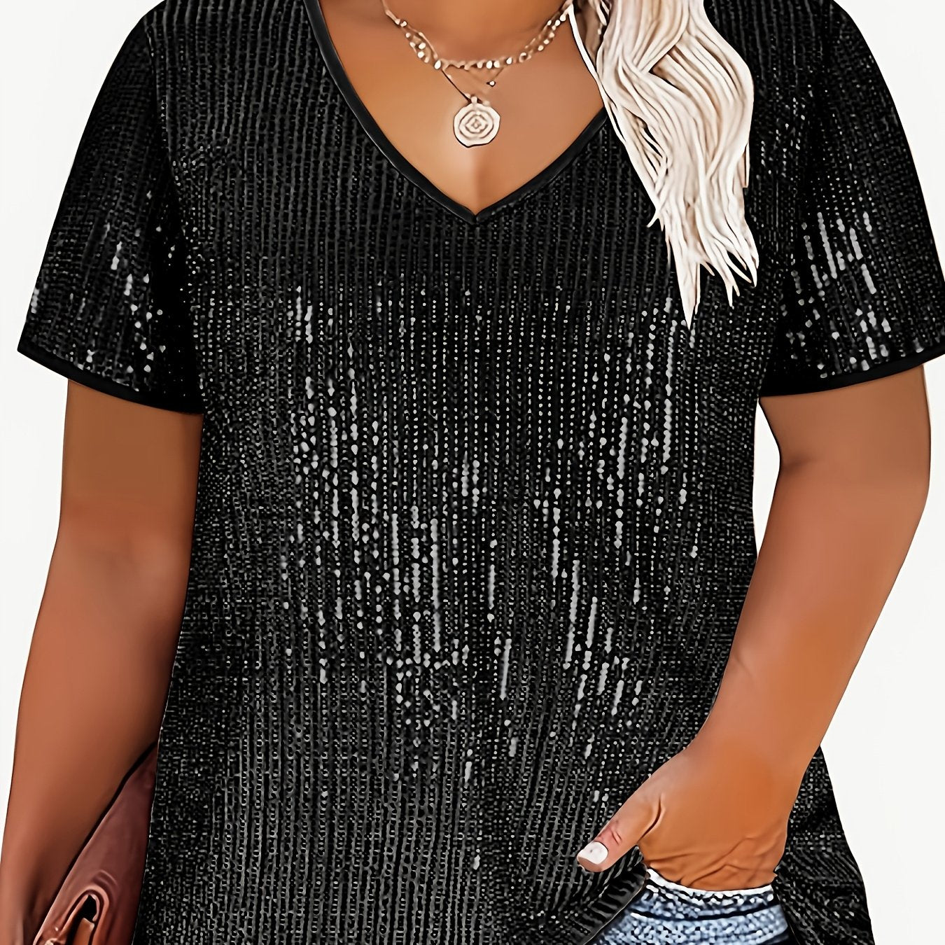 Plus Size Sequin V-Neck Blouse in Gold Yellow Polyester Short Sleeve Elegant