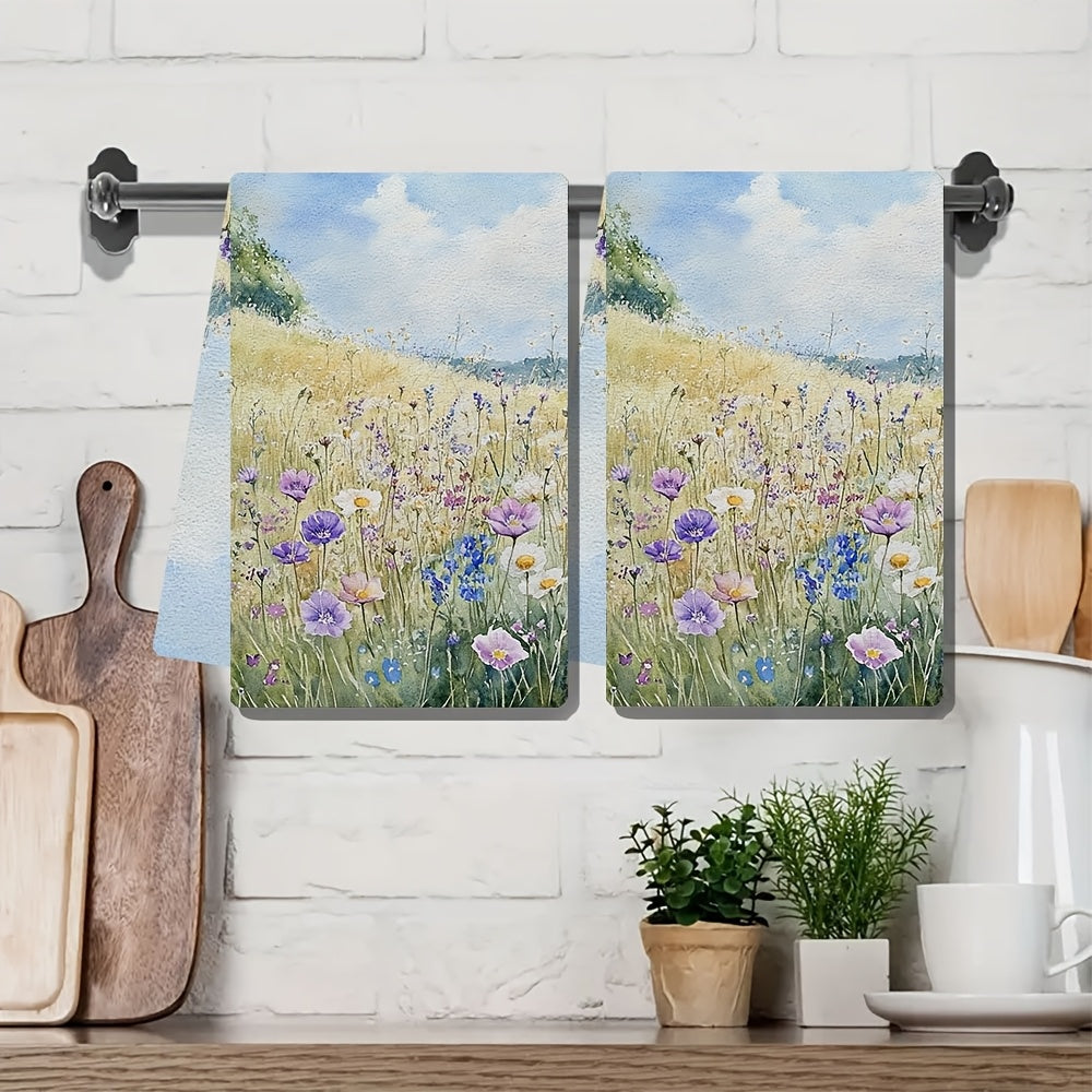 Two Pieces Ultra Soft Kitchen Towels Wildflower Meadow Design 40x60cm Absorbent