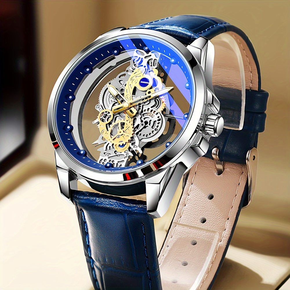 Men's Rose Gold Skeleton Quartz Watch with Luminous Hands Zinc Alloy Case Faux Leather Band