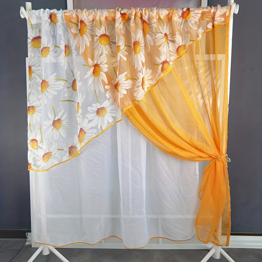 Vintage French Country Style Semi-Sheer Daisy Print Door Curtain for Living Room Bedroom Office