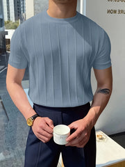 Men's Cotton Ribbed Knit T-Shirt Short Sleeve Crew Neck Striped Summer Casual