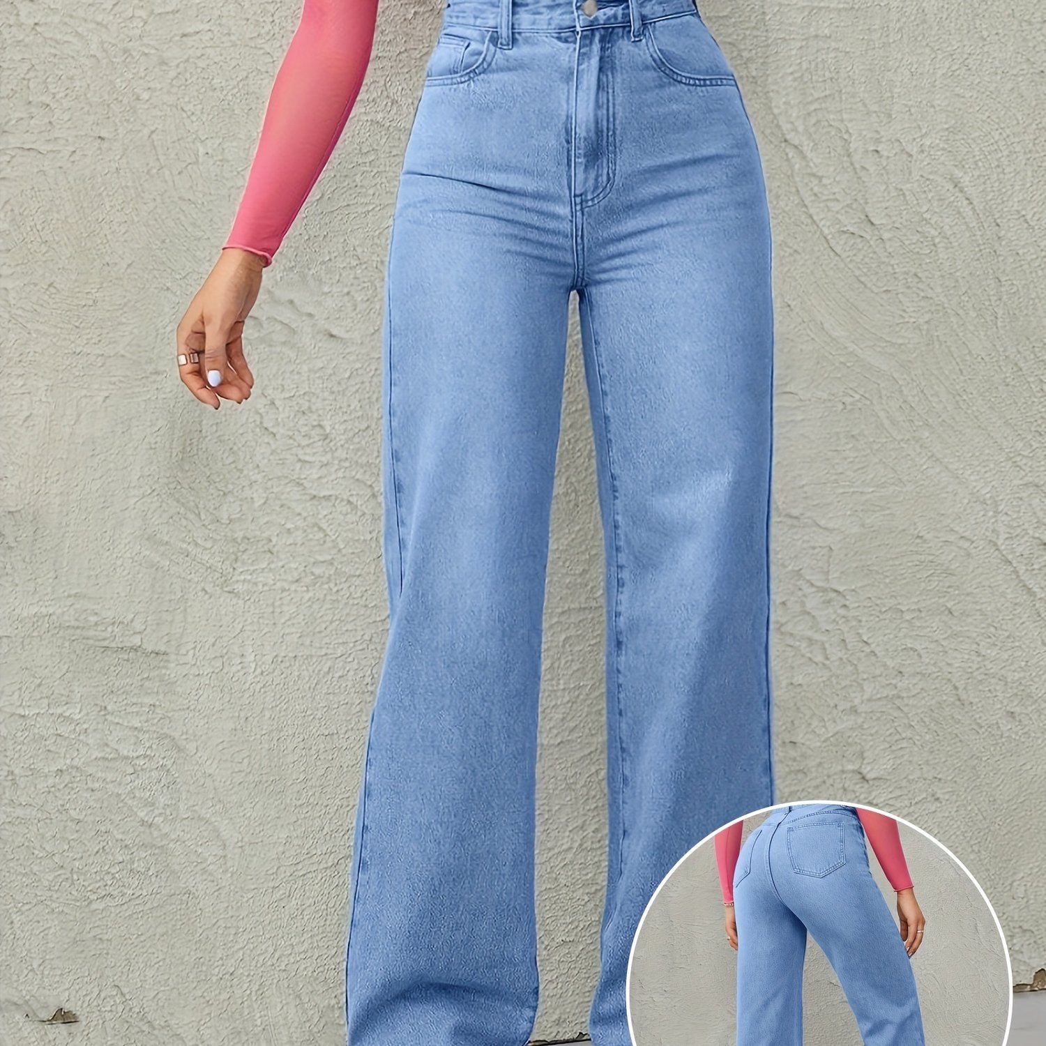 Women's Sky Blue High-Waisted Wide Leg Jeans with Medium Elasticity