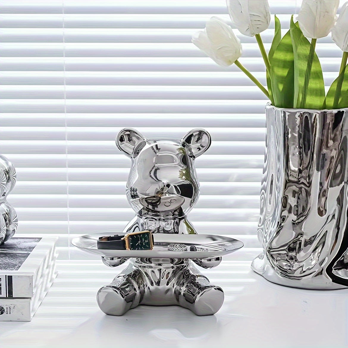 Ceramic Bear Figurine with Metal Tray Modern Home Decor Key Organizer