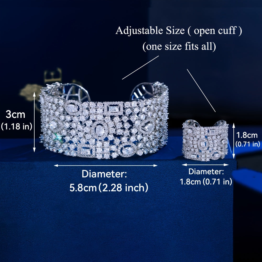 Women’s Zirconia Cuff Bracelet and Ring Set for Weddings and Formal Events