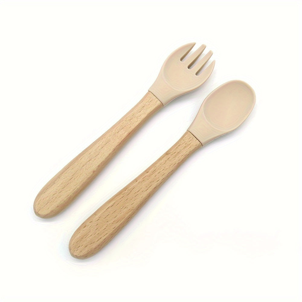 Juego de 2 conjuntos de alimentación para niños con cucharas de silicona y mangos de madera en colores mezclados