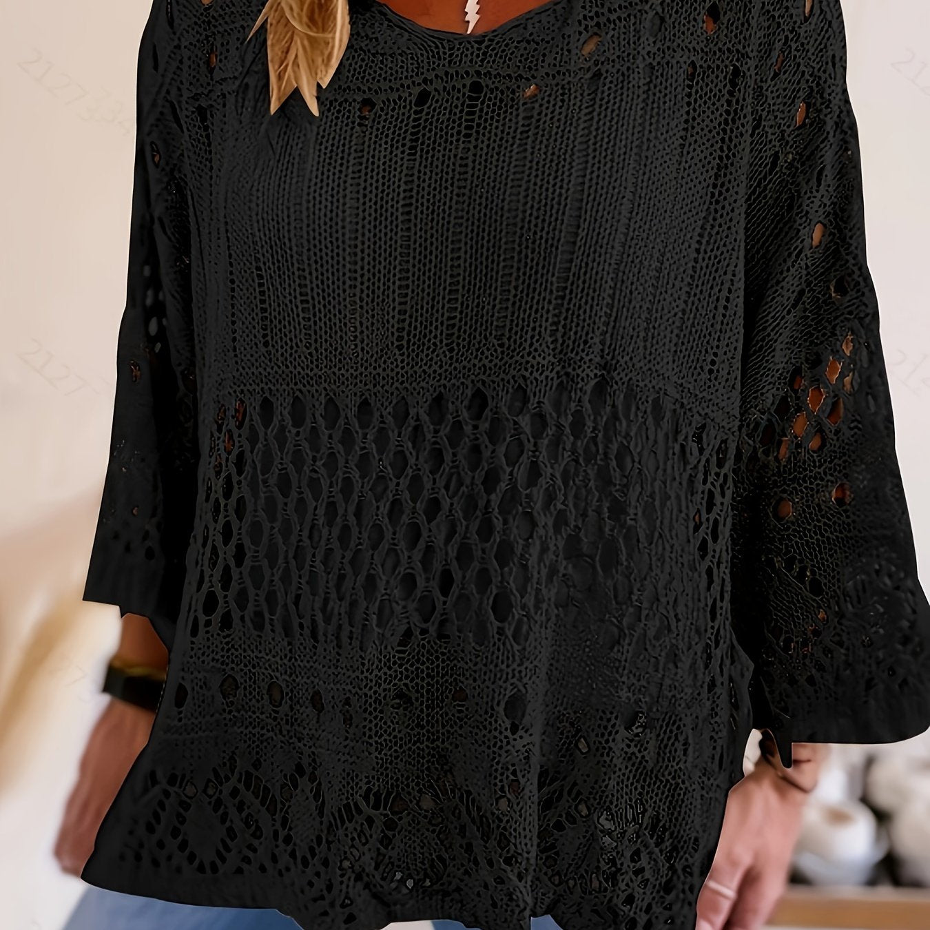 Plus Size Oversized Knitwear Layered Top with Sun Protection and Cut-Out Design