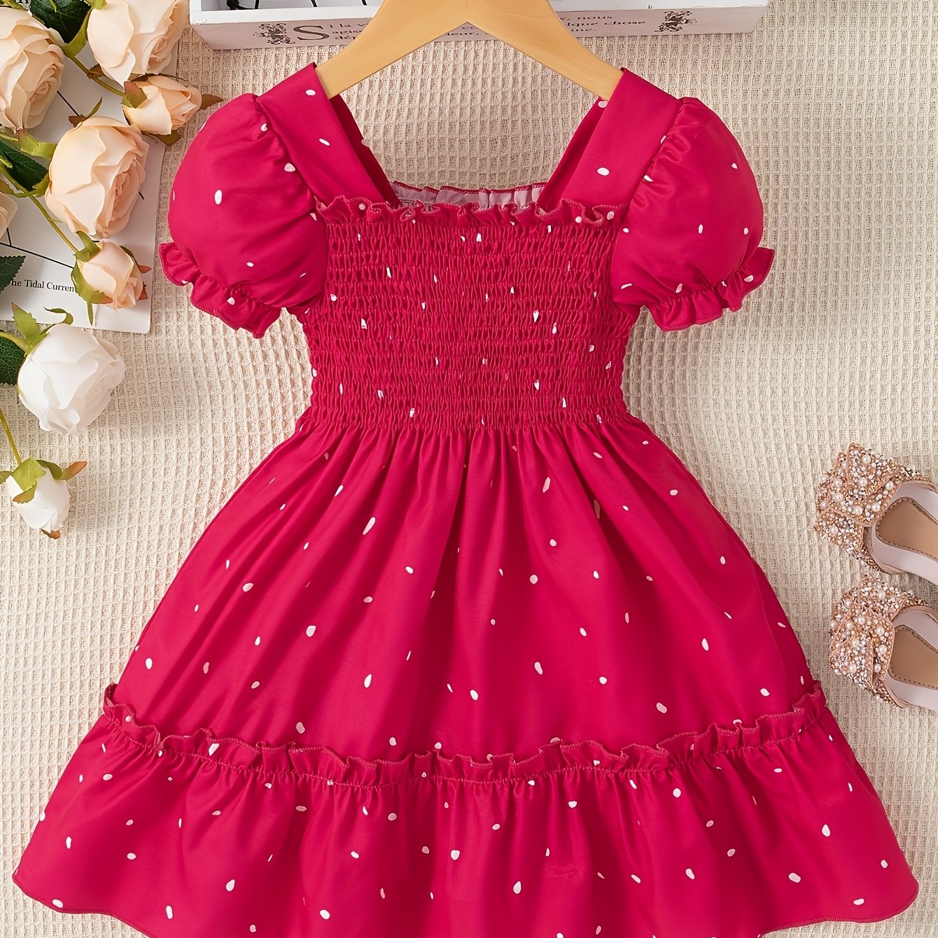 Toddler Girls Dress Square Neck Puff Sleeve Summer Knee High Flared Pattern