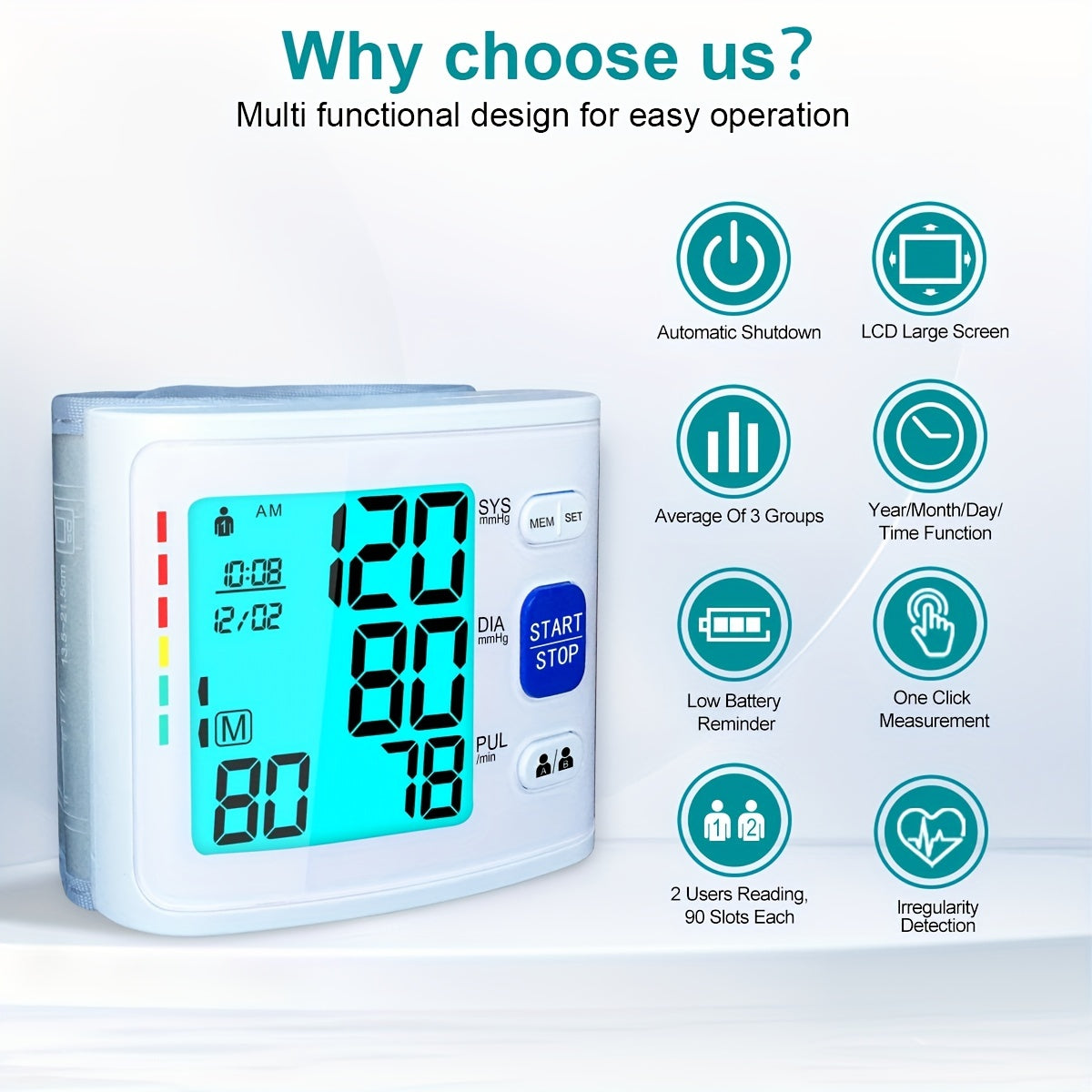 Digital Wrist Blood Pressure Monitor White Gray 2x90 Readings Battery Powered