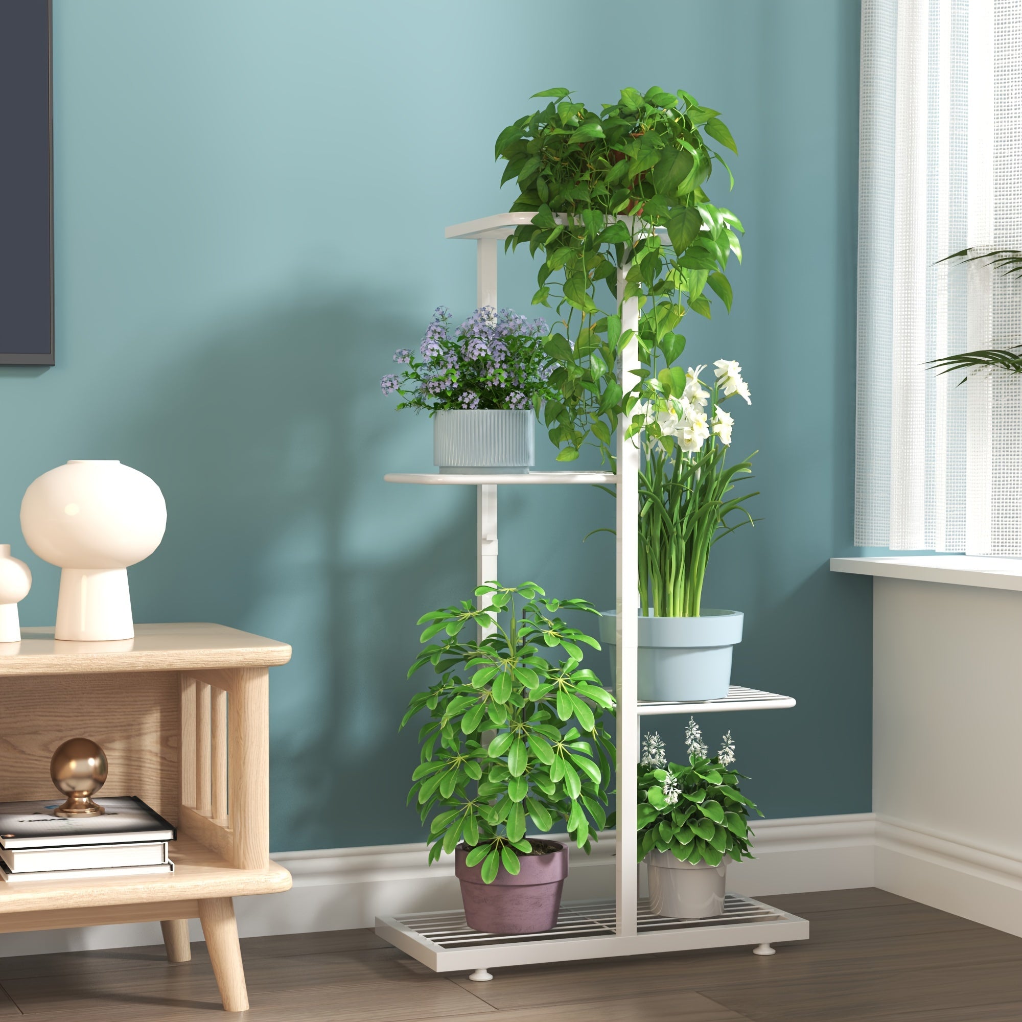 4 qatlamli metall o'simlik stendi, 5 ta gullar uchun, 83.82 sm balandlikda, hovli, balkon yoki bog' uchun mos.