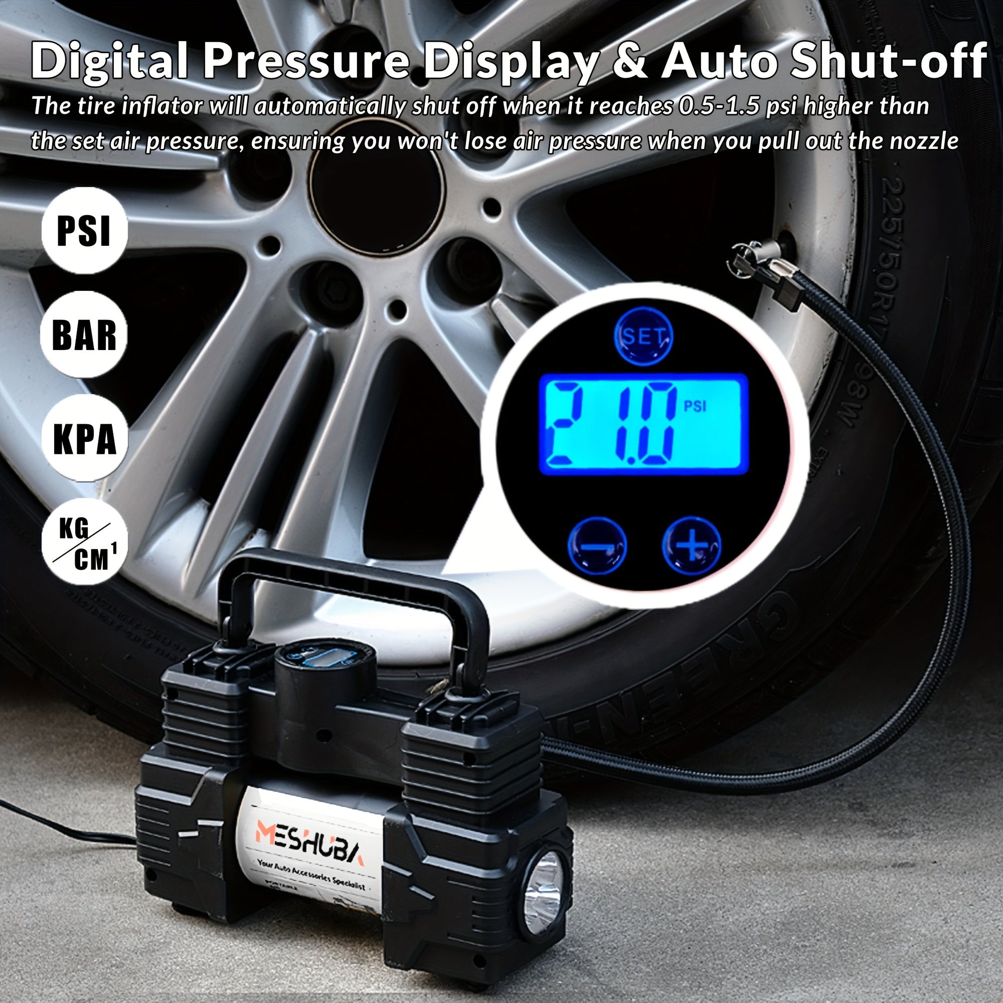 12V Portable Tire Inflator Air Compressor with Digital Gauge LED Light for Car Bike Motorcycle