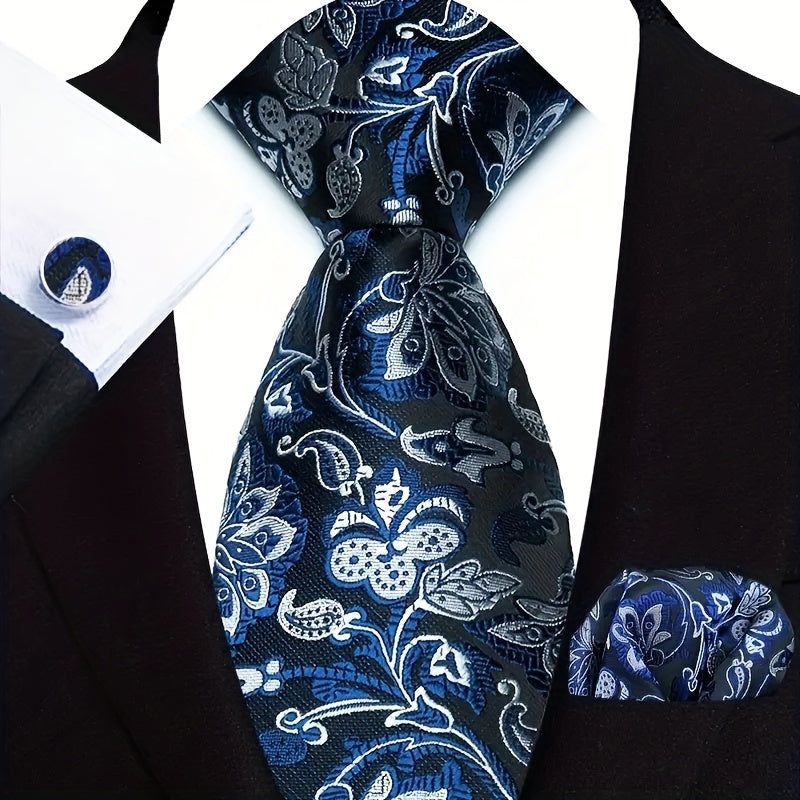 Men's Polyester Necktie Set with Woven Paisley Pattern and Matching Cufflinks for Business and Formal Wear