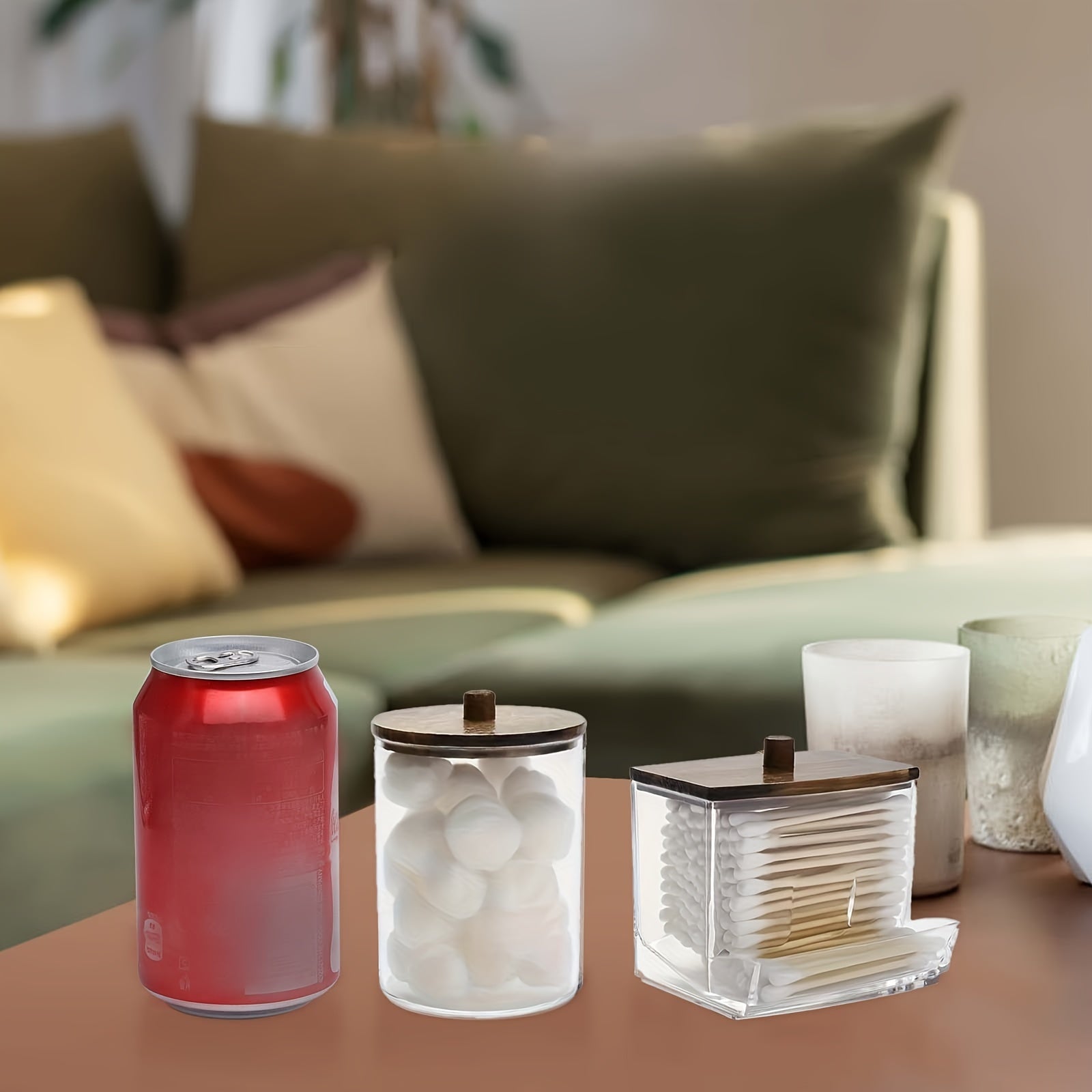 Bathroom Storage Container Set with Brown Wood Lids for 7oz or 10oz Swabs and Cotton Balls