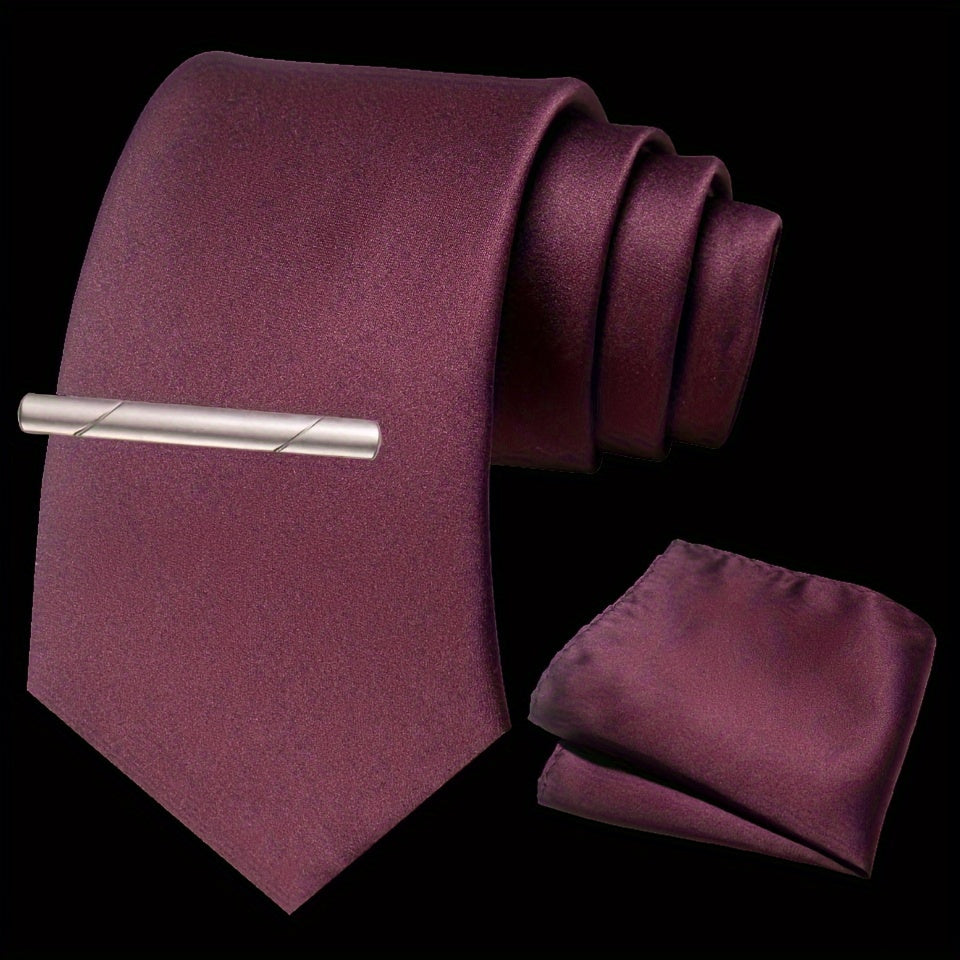 Erkaklar uchun bir rangli ipak aksessuarlar to'plami, galstuk, cho'ntak sharf, sochiq, galstuk klipi, rasmiy kiyimlar va sovg'alar uchun