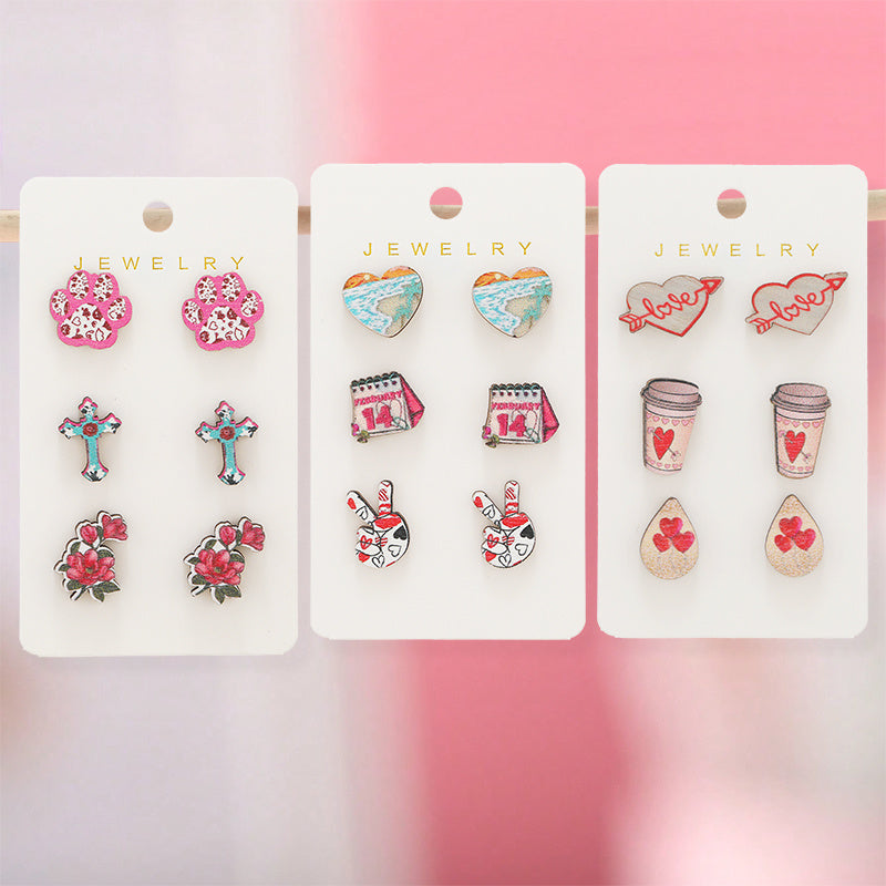 Women's Wooden Earrings Set with Valentine's Day Love and Cupid Designs