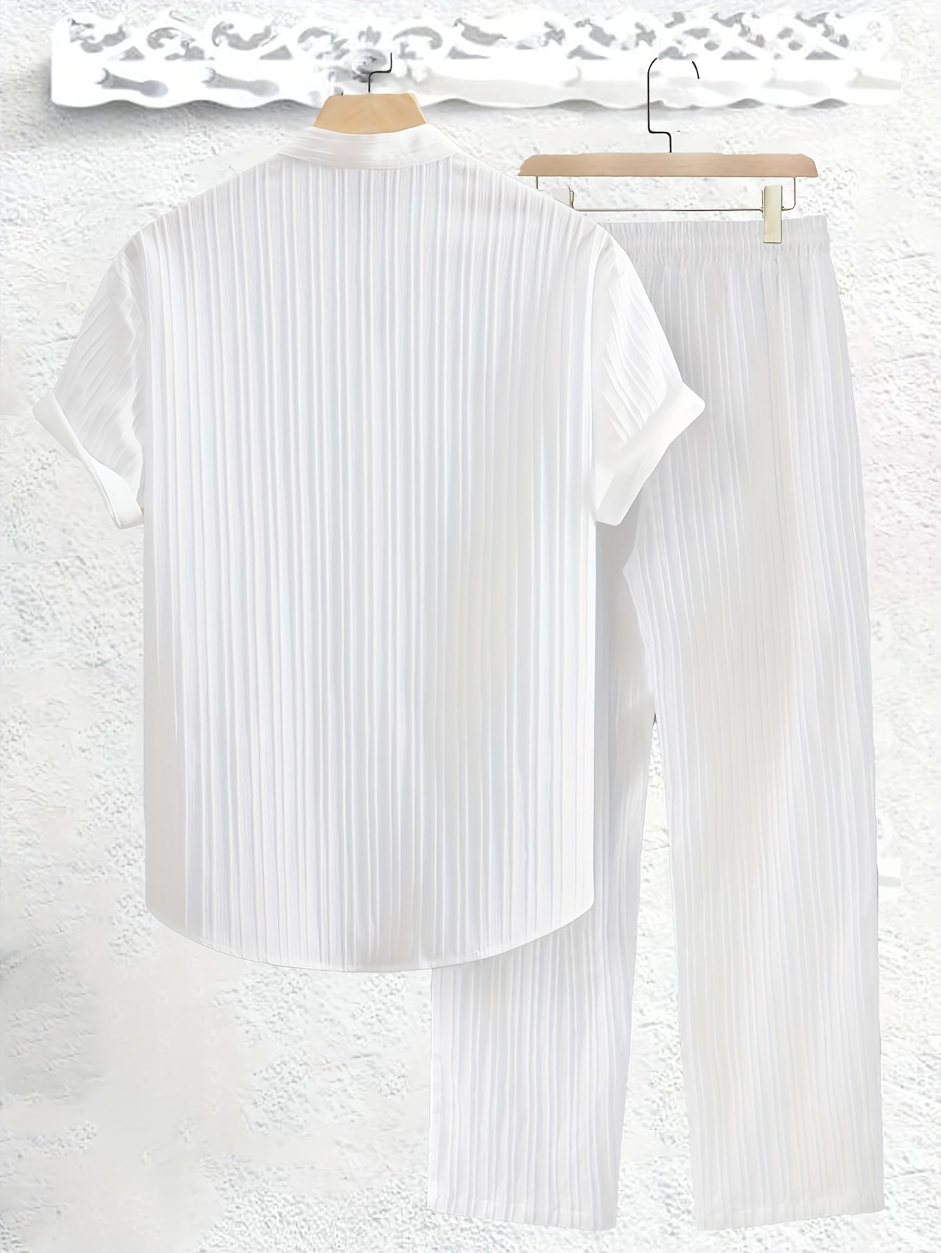 Men's Summer Solid Color Textured Shirt and Pants Set Polyester Casual